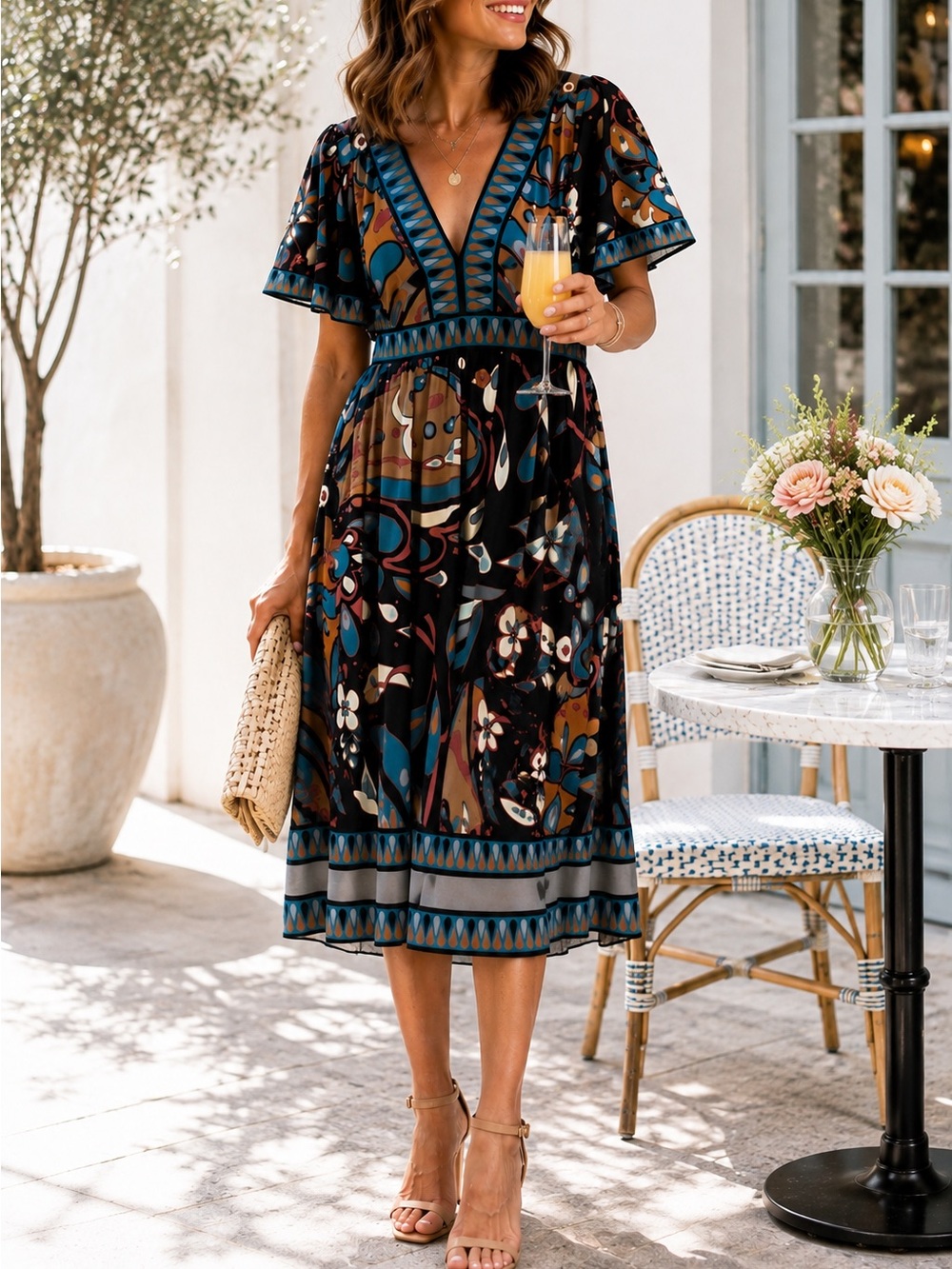 BCBGMAXAZRIA Abstract Boho Print Flutter Sleeve Midi Dress Size L